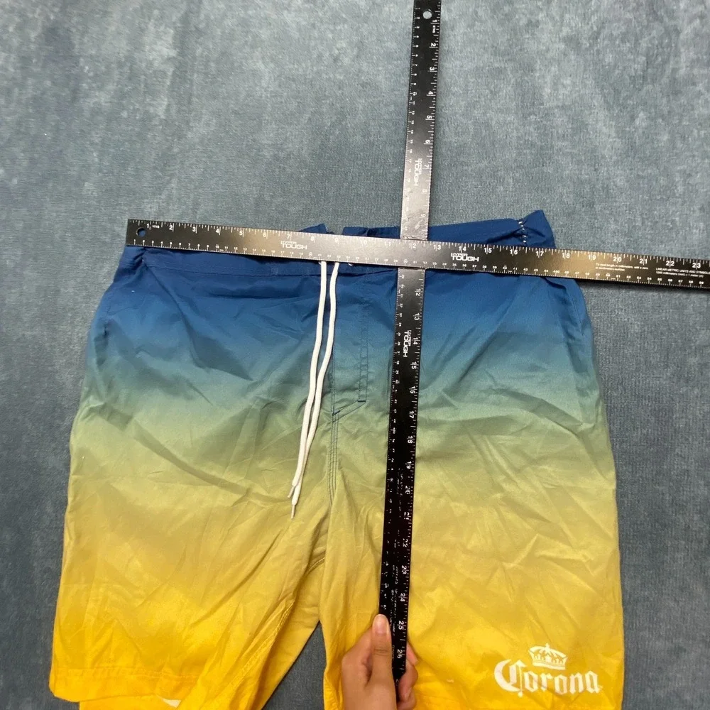 Corona Board Shorts Mens Large Blue Yellow Ombre Fade Mesh Lined Mid Rise Beach